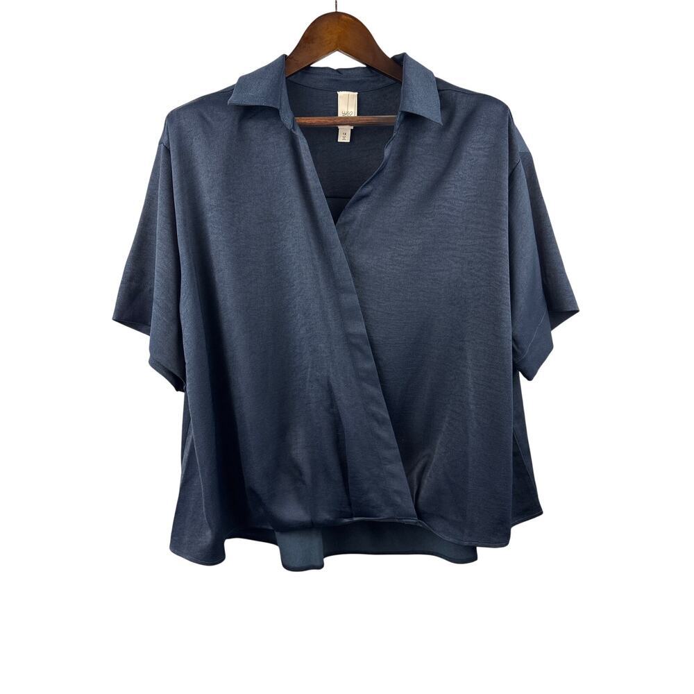 Women’s Wynne Layers Size 1X Navy Blue Satin Blouse